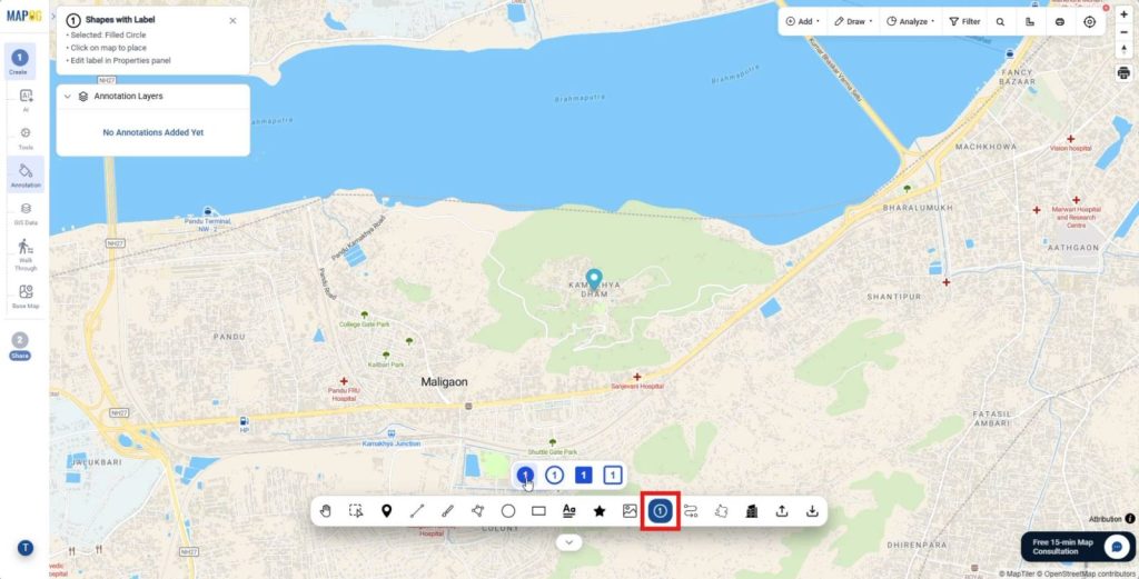 Placing each breakpoint one by one using the Shape with label tool to create an annotated travel map