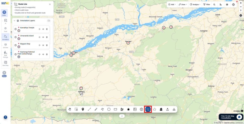Connecting each breakpoint using the route tool to create an annotated travel map
