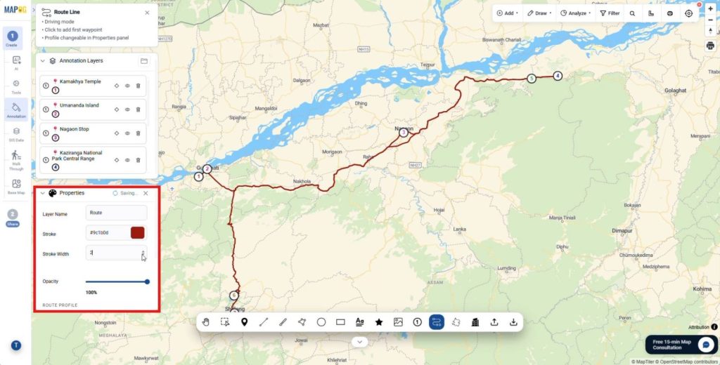 Customizing travel route with color, opacity and stroke width to create an annotated travel map