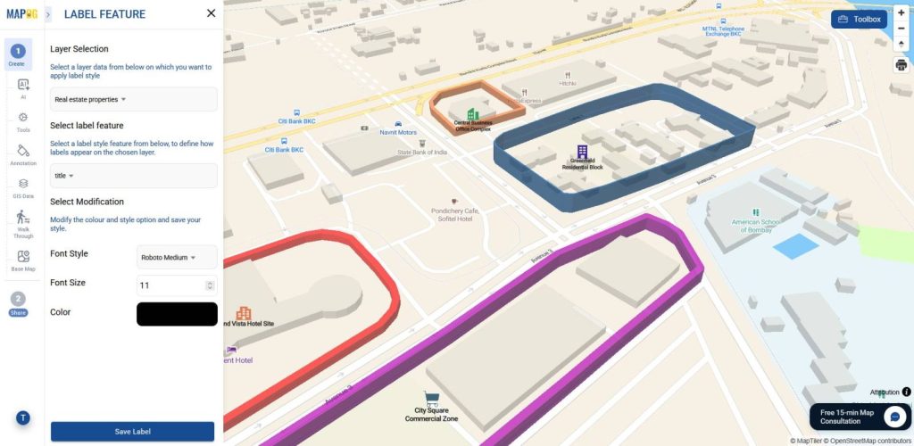Adding labels with font and style settings for clear map presentation