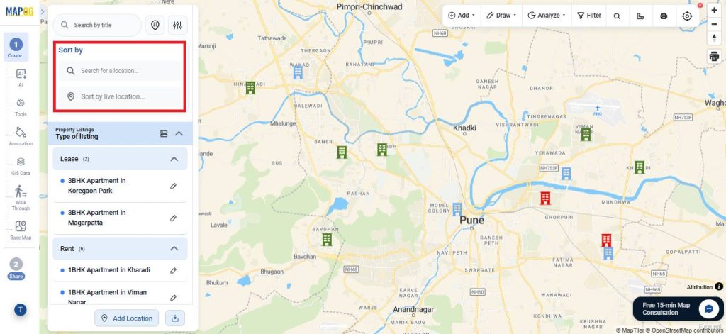 search and sort by live location