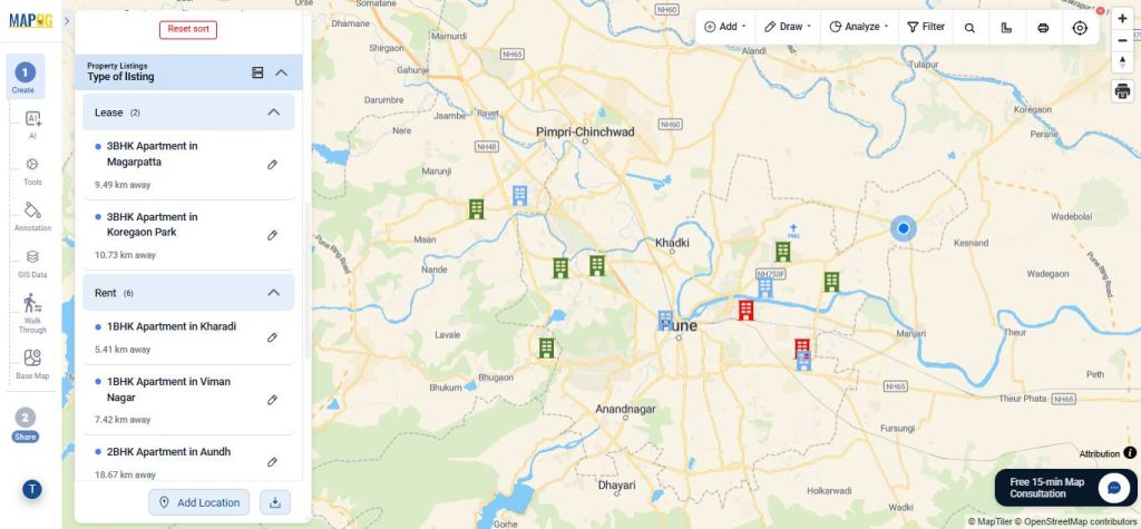 distance between mapped points and searched location.