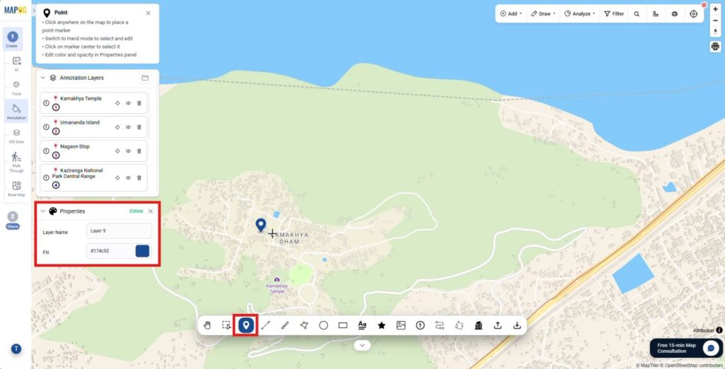 Marking exact locations using the point tool to create an annotated travel map