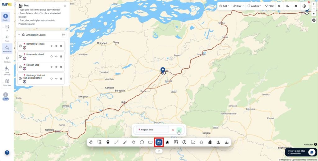 Using text tool to add labels or notes for each breakpoint to create an annotated travel map