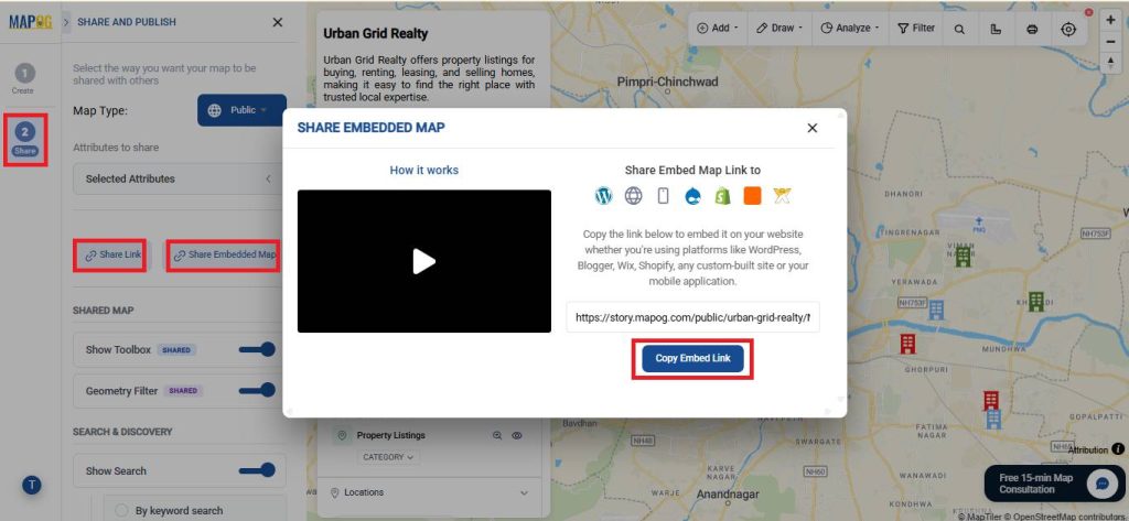 Preview and share your display property listings map