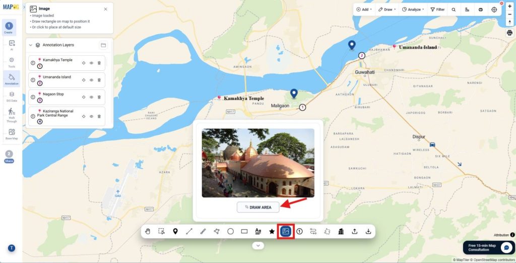 Add imagery by selecting the image tool, uploading or dragging the image