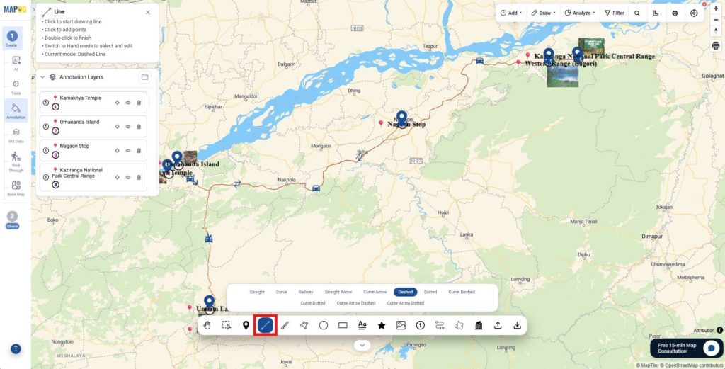 Draw extra route types such as straight lines, curves, dashed paths, or railway-style lines using the line tool
