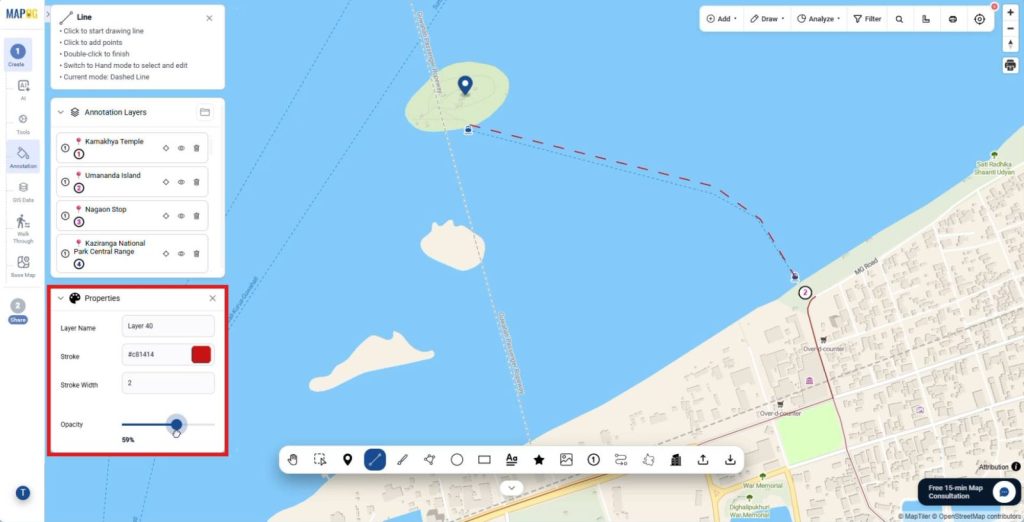 Customize stroke color, width, and opacity to clearly differentiate from primary routes