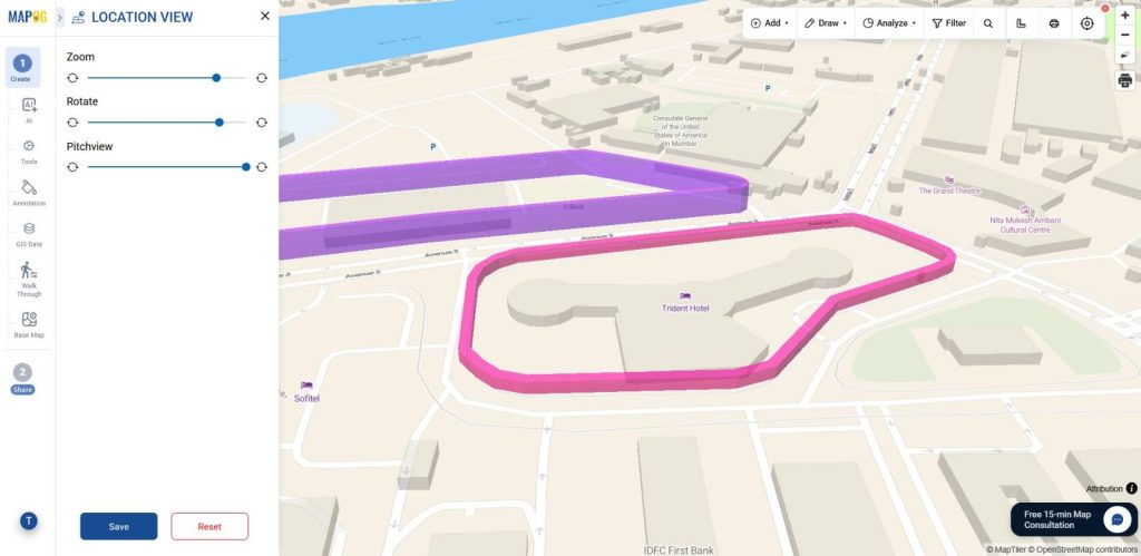 Adjusting zoom, rotation, and pitch view to better view create 3D boundary walls.