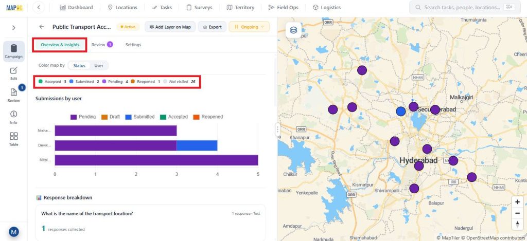 Overview and insights section of your location based field data map
