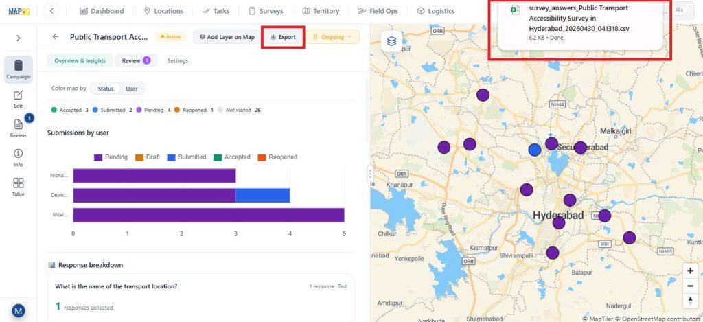 Export the location based field data survey data into excel sheets
