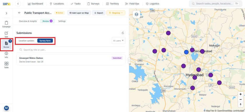 Review the survey form of your location based field data survey