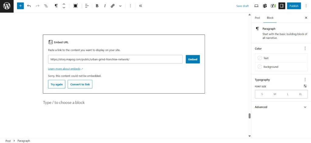 Add final embed link into WordPress using embed block