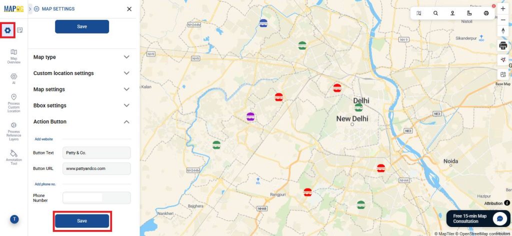 Action Button details for your build a store locator map