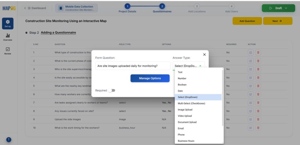 Adding a Questionnaire to Plan and Monitor On-Ground Activities