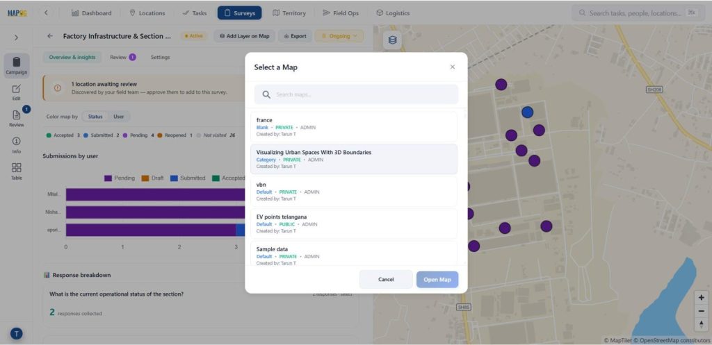 Add Layer on Map to create a new map or open the survey in an existing one