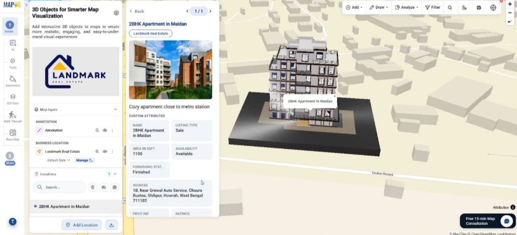 Adding 3D Objects concept with layered map visualization and property details.