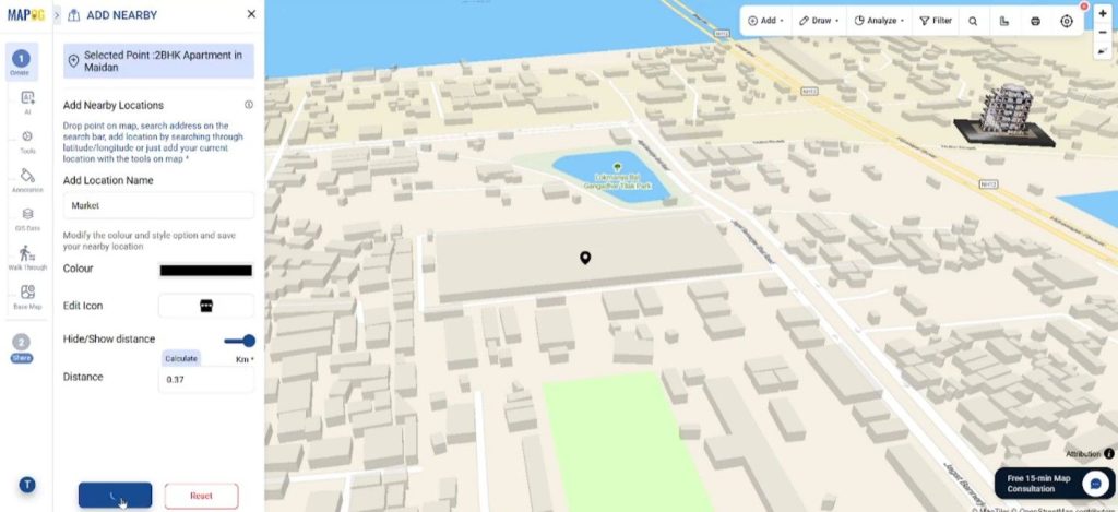 Adding 3D Objects map with nearby amenities and calculated distance routes.