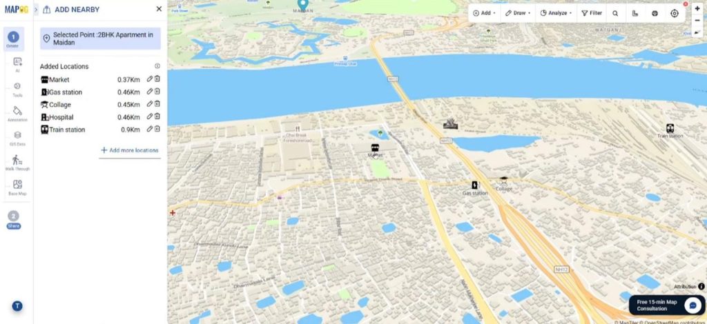 Different nearby amenities on map