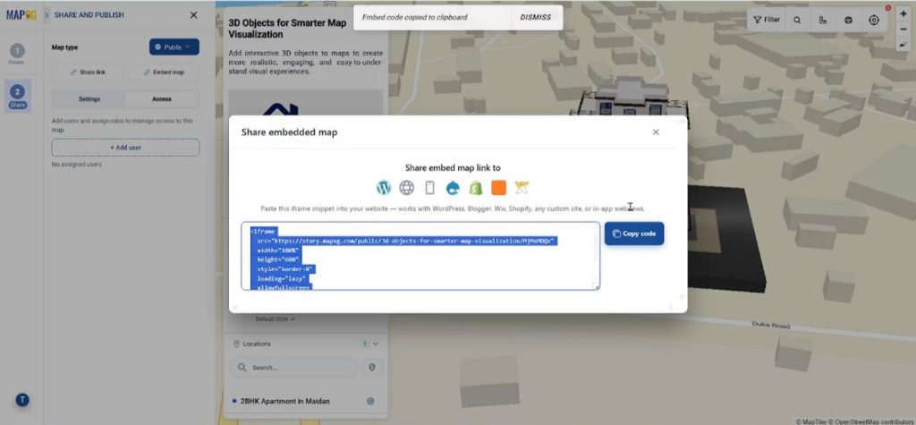 Adding 3D Objects final interactive map preview with sharing and embedding options.