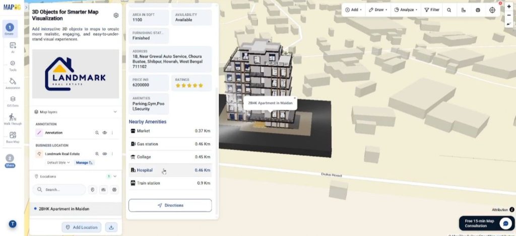 Adding 3D Objects interface with interactive city map and 3D building models.