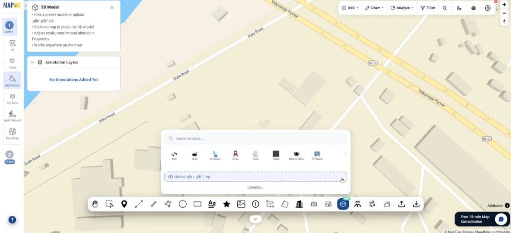 Adding 3D Objects using MAPOG Annotation tool with GLB building upload.