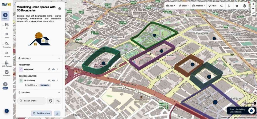 create 3d boundary around all plotted locations