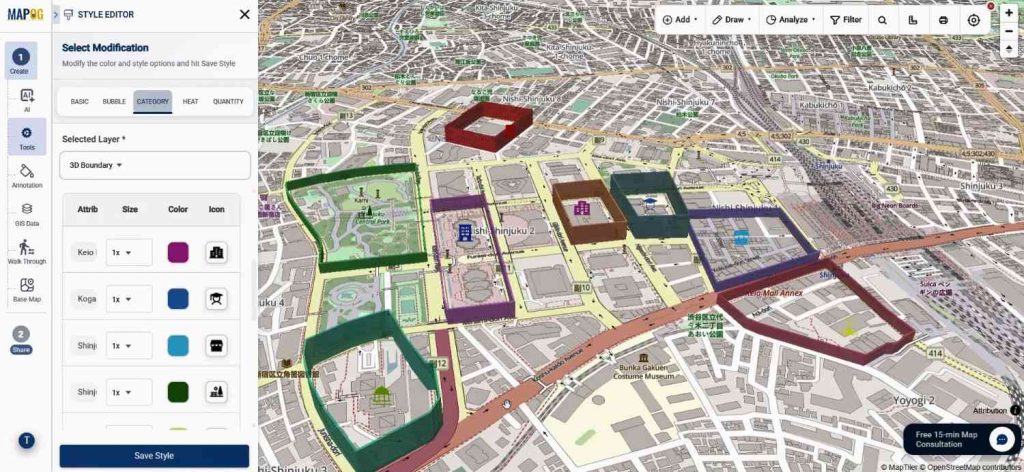Create 3D Boundaries map styling with categorized icons