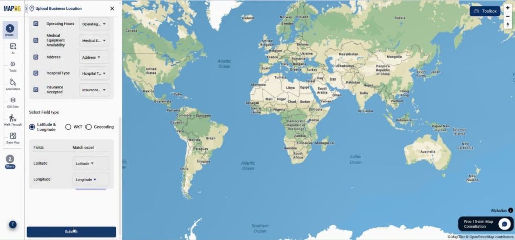 Upload CSV workflow with latitude and longitude mapping for Custom Information Template.