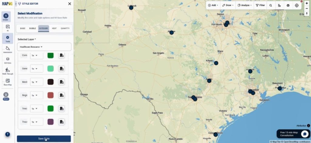 Category style healthcare locations displayed using Custom Information Template.