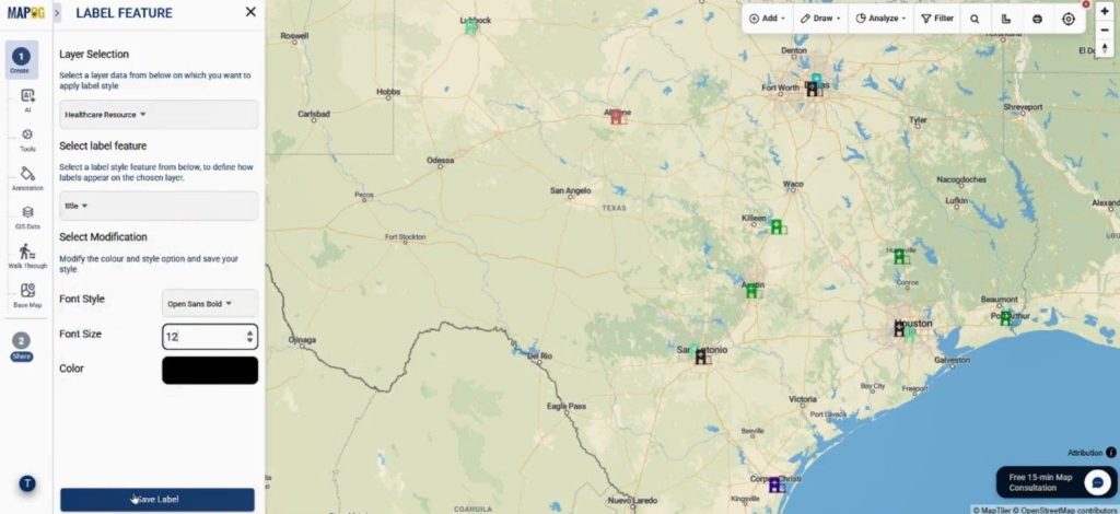 labeled healthcare locations displayed using Custom Information Template.
