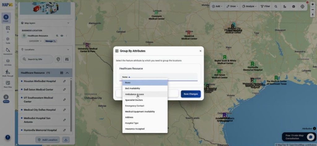 Grouped hospital locations organized by attributes on an interactive healthcare map.