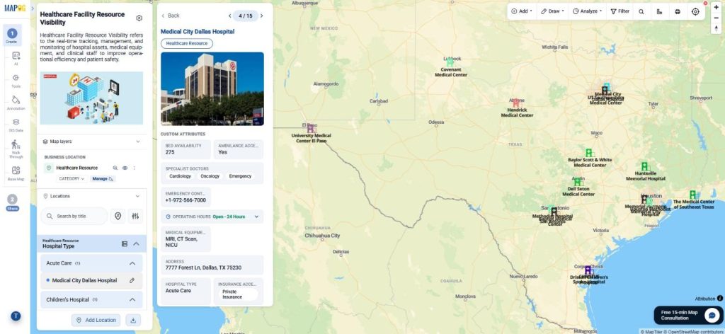 Interactive healthcare resource map created with Custom Information Template and uploaded CSV data.