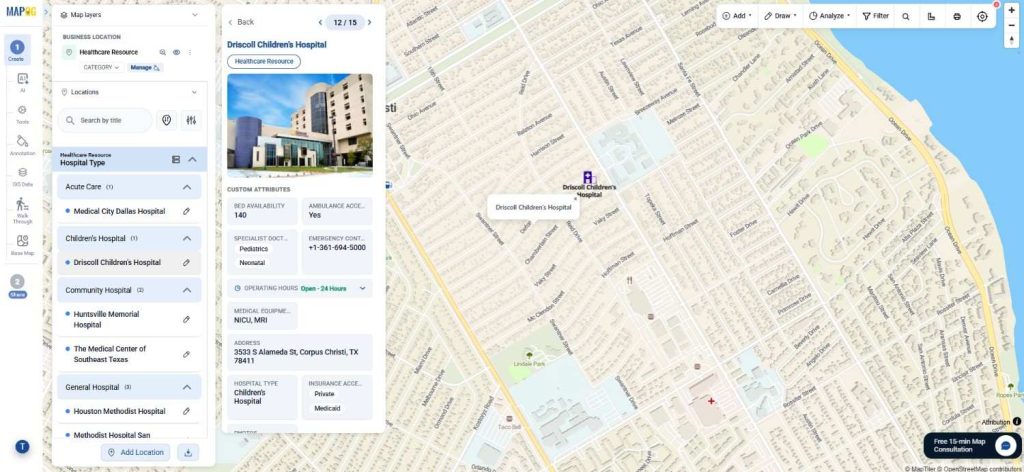 Custom Information Template dashboard with healthcare resource attributes configured in MAPOG.