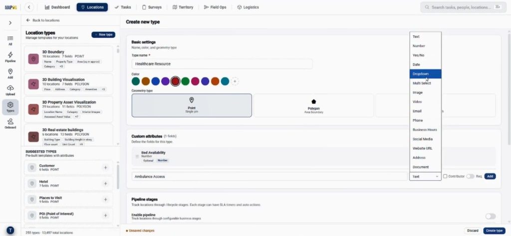 Custom Information Template form with new location type fields added for healthcare mapping.