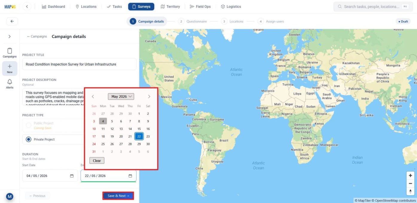 Screenshot 2026-05-04 120717 Conduct Site Inspections Using GPS by setting up new survey campaign details