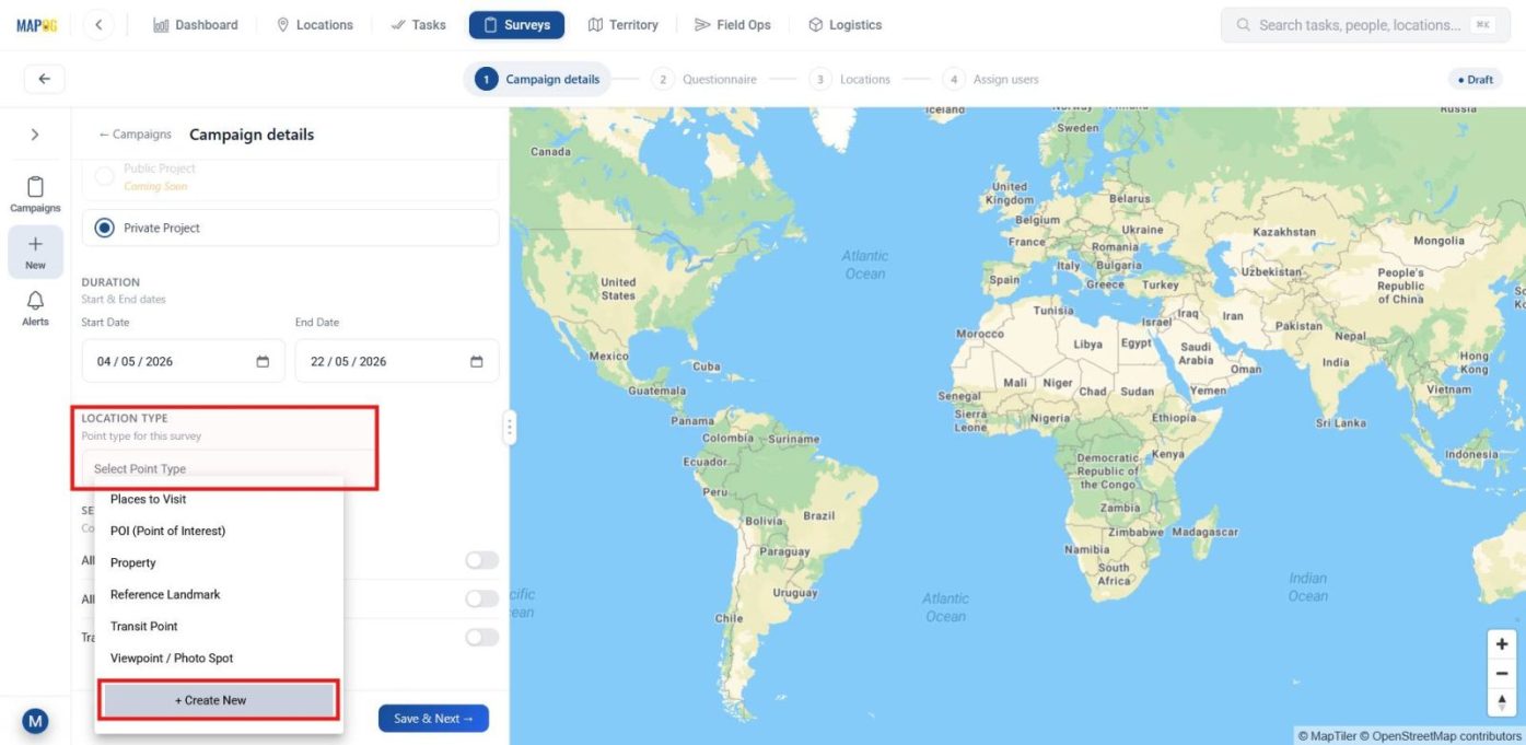 Screenshot 2026-05-04 121036 Select location type and click Create New to add a new inspection location type