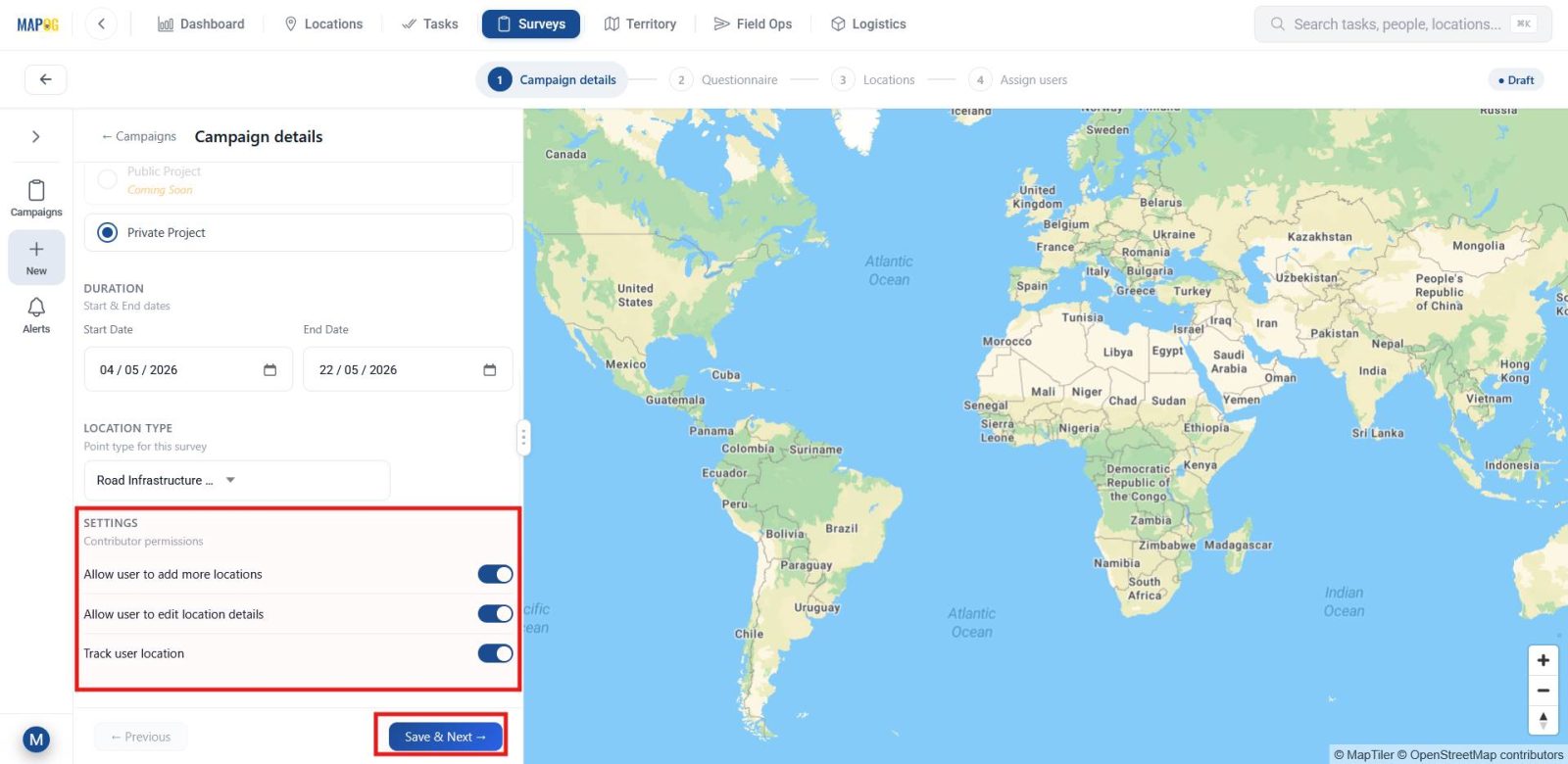 Screenshot 2026-05-04 122649 Select the location type, enable contributor permissions, and click Save & Next.