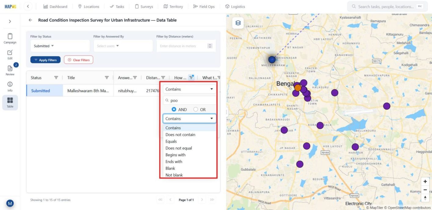 Screenshot 2026-05-04 150136 Table view with advanced filters for survey status, users, and keyword searches