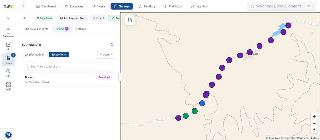 Review survey submissions, verify field responses, and monitor location-based survey updates in real time using an interactive map dashboard.