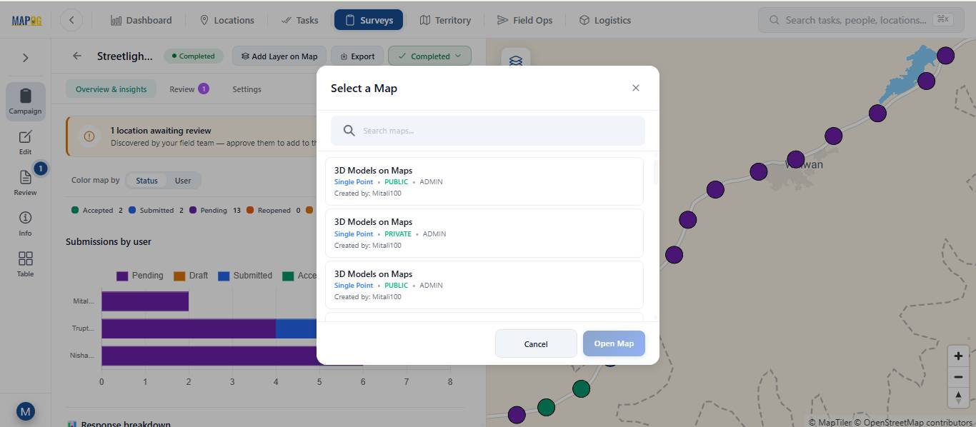 Export survey submissions and open survey data on interactive maps for better visualization, analysis, and field work management.
