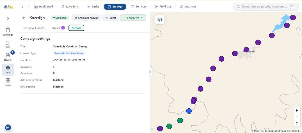 View and manage survey campaign settings, monitor survey submissions efficiently through an interactive map-based dashboard.