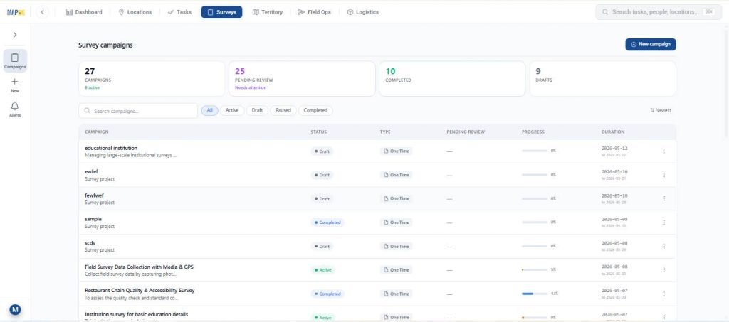 monitor campaign progress, and manage multiple survey campaigns efficiently through a centralized map-based dashboard.