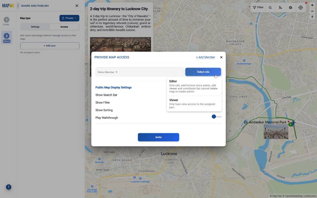 sharing interactive itineraries privately by assigning roles to user