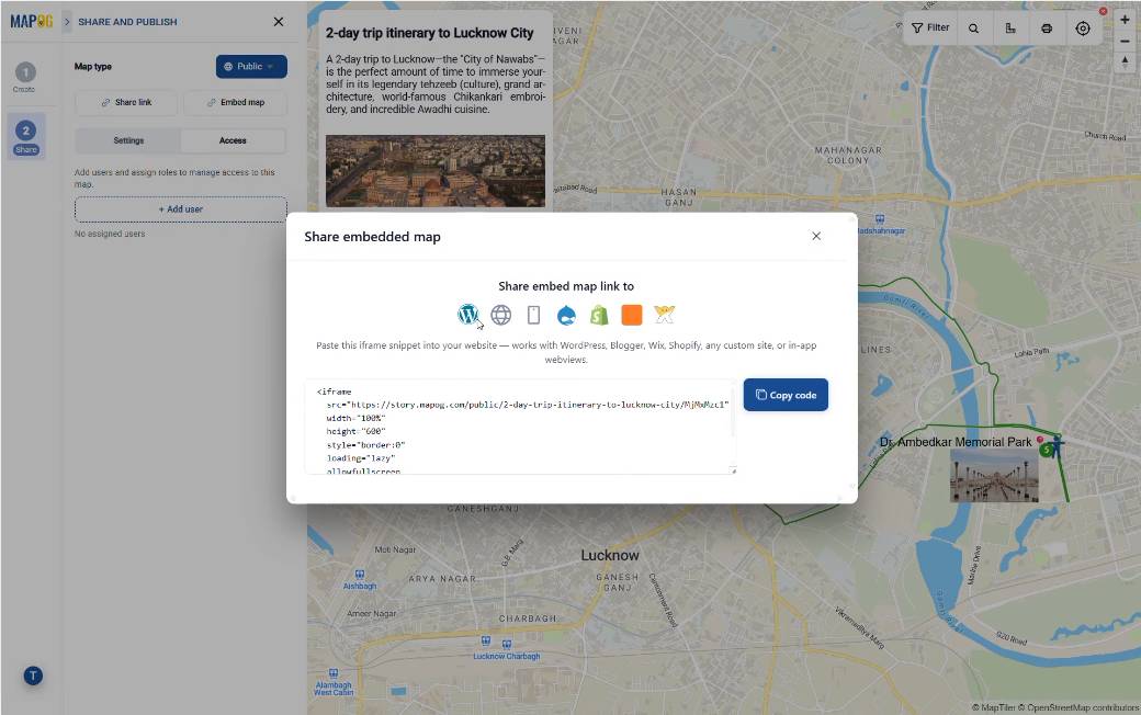 sharing interactive itineraries publicly via embed link