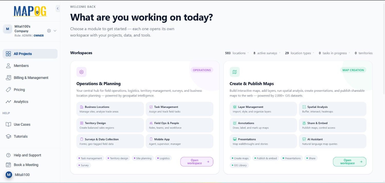working space of mapog dashboard Manage Large Scale Survey