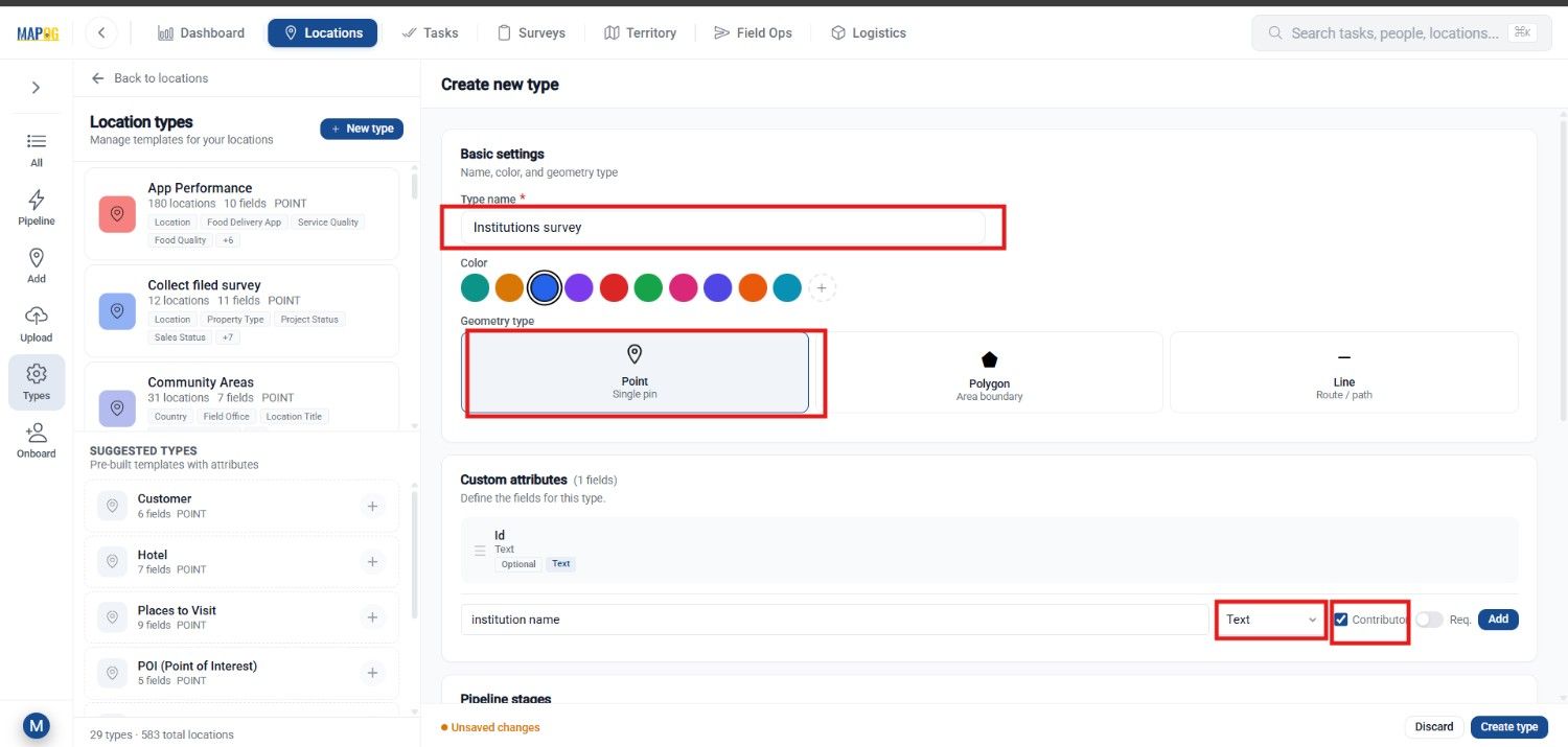select the geometry type and add attributes
