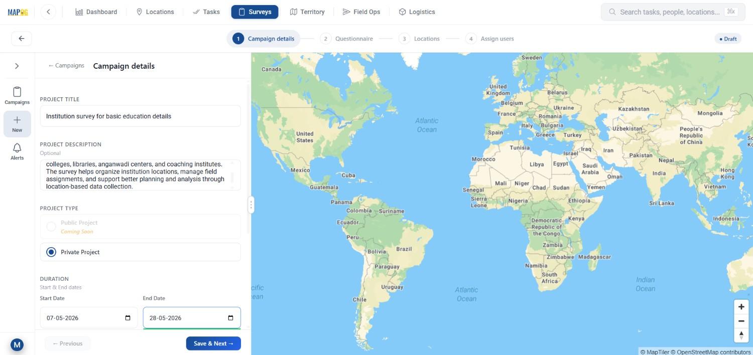 provide campaign tittle its details Manage Large Scale Survey