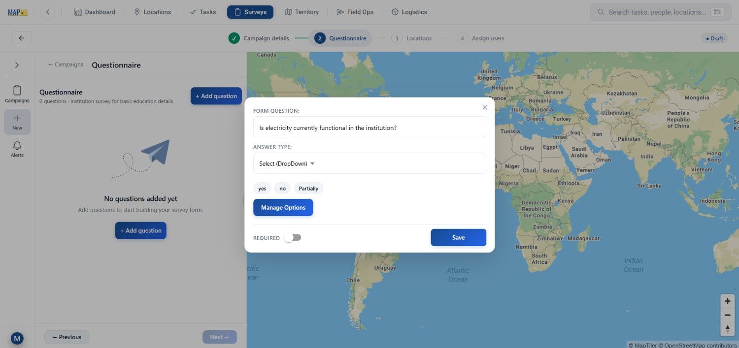 click manage options and write options Manage Large Scale Survey