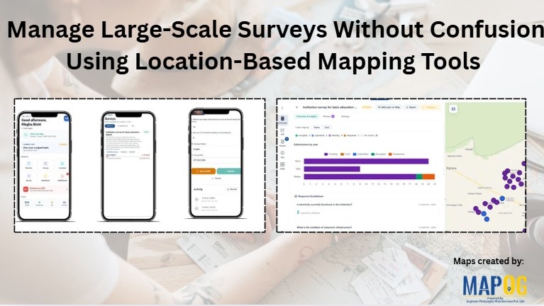 Dashboard showing large-scale survey management using location-based mapping tools with mapped institutions, survey points, field data collection, and real-time monitoring features.